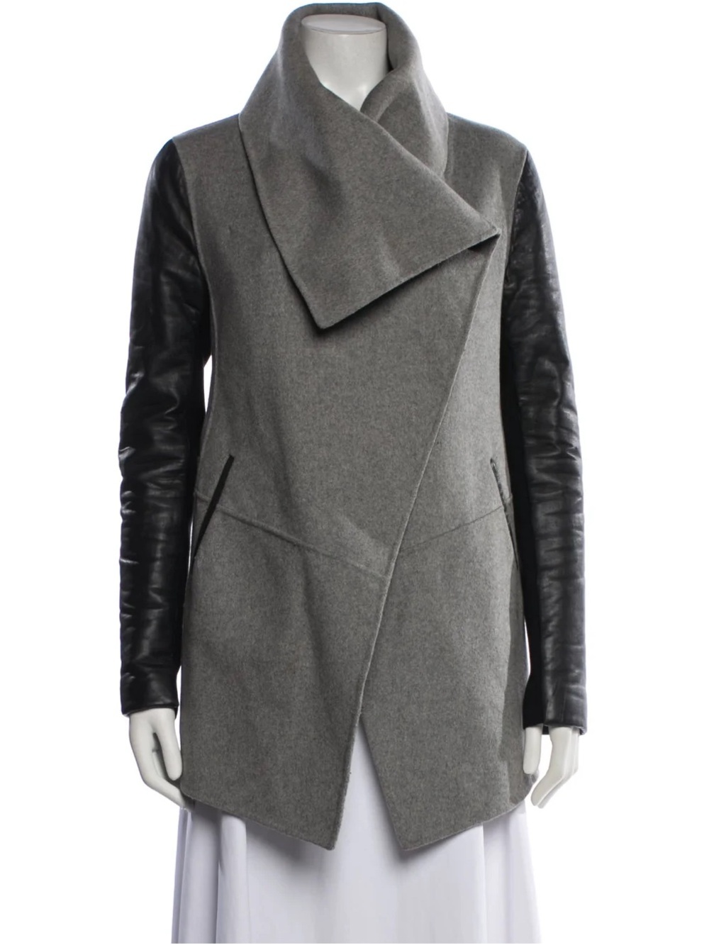Mackage Vane Wool Coat in Light Grey with Leather Sleeves